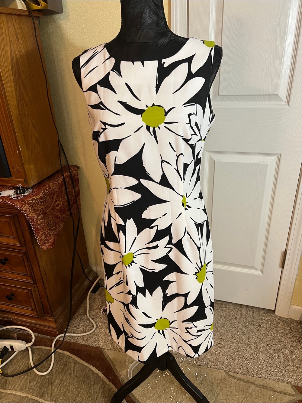 Ronni Nicole Black & White Floral Midi Dress with Lime Accents